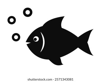 Fish silhouette vector icon isolated on white background. Simple flat illustration of cute smiling fish.