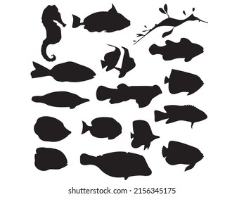 Fish silhouette vector image.Black silhouette a school fish fish vector image.Fish animal silhouette vector image.Sea animals silhouettes collection vector image.Set black silhouette different tropica