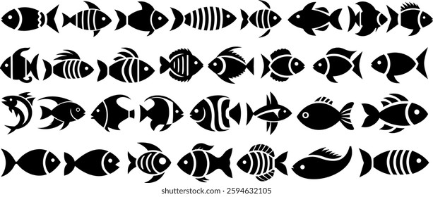 Fish silhouette vector set, black aquatic animals, marine wildlife, decorative fish icons, graphic sea life illustration, abstract fish pattern, stylized fish collection, ocean creatures design