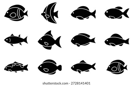 Conjunto de Vector de silueta de pescado. Icono de pescado, animales acuáticos negros, fauna marina, Vector de pescado, diseño de ícono de mariscos. Ilustración vectorial de peces de acuario.