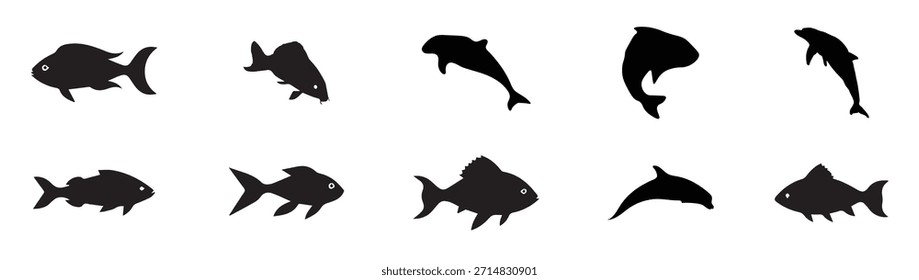 Siluetas de pescado Vector blanco negro. Icono de pescado y silueta, silueta de platija Ilustración vectorial blanca negra.