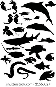 colección de siluetas de peces aisladas en fondo blanco