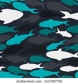 fish silhouettes pattern. Seamless pattern with a school of fish. Wallpapers with silhouettes of white and gray fish. Texture with marine life