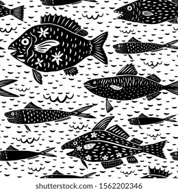 Fish silhouettes seamless pattern. hand drawn decorative illustrations of sea bass, red snapper, sardine, cod isolated on white background repeating design for restaurant textile, wallpaper.