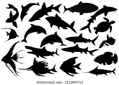 Las siluetas de peces son un vector. Silueta de dibujo manual de peces de mar y lagos de colección, ilustración vectorial
