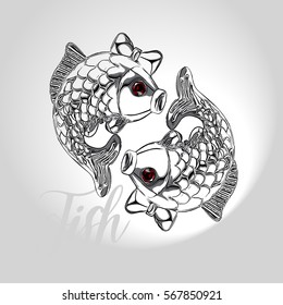Fish Silver background Art Black White Grey. Two cute fish. Black and white vector for coloring, for card or gift.