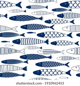 Fish simple geometric seamless pattern backdrop in blue   white   Underwater two  tone scene  sea creature  background for fabric  mural  upholstery  wallpaper  textile  prints    wrapping paper  