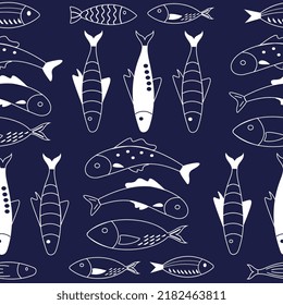 Fish simple geometric seamless pattern backdrop in blue and white.  Underwater two-tone scene, sea creature  background for fabric, mural, upholstery, wallpaper, textile, prints, and wrapping paper.  