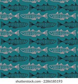 Fish simple geometric seamless pattern backdrop in blue and pink.  Underwater two-tone scene, sea creature  background for fabric, mural, upholstery, wallpaper, textile, prints, and wrapping paper. 