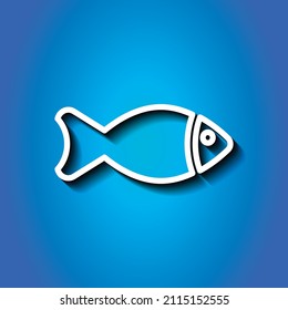 Fish simple icon. Flat desing. White icon with shadow on blue background.ai