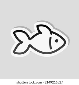 Fisch, einfaches Symbol. Linearer Aufkleber, weißer Rand und einfacher Schatten auf grauem Hintergrund