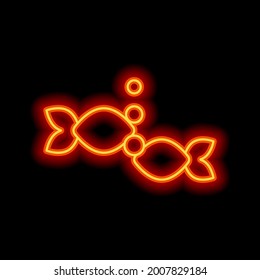 Fisch, einfaches Symbol. orangefarbener Neonstil auf schwarzem Hintergrund. Leuchtlineares Symbol mit bearbeitbarem Hub