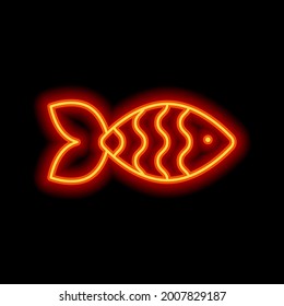 Fish, simple icon. Orange neon style on black background. Light linear icon with editable stroke