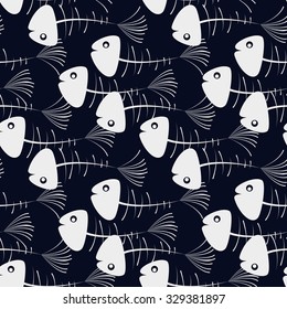 Fish in a simple pattern, skeleton seamless vector background.
