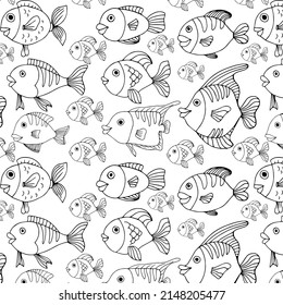 Fish simple seamless pattern backdrop in black and white.  Underwater two-tone scene, sea creature  background for fabric, mural, upholstery, wallpaper, textile, prints, and wrapping paper. 