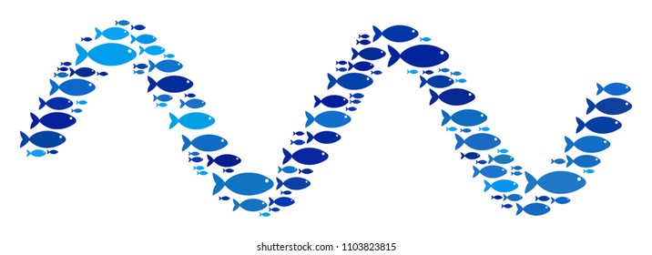 Fish sinusoid wave collage in blue color tones. Vector fish items are combined into sinusoid wave composition. Nautical design concept.