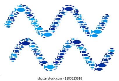 Fish sinusoid waves composition in blue color shades. Vector fish items are composed into sinusoid waves collage. Seafood design concept.