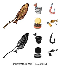 Fish, sish kebab, fishing lure. Fishing set collection icons in cartoon,black style vector symbol stock illustration web.