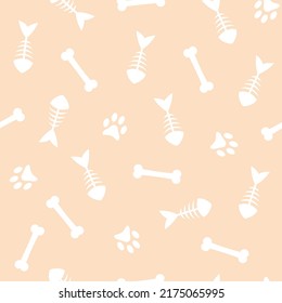 Fish skeleton, bone and cat paw print seamless pattern