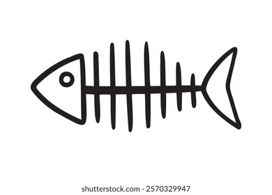 Fish skeleton bones silhouette doodle hand drawn icon. Outline drawing fish skeleton bones line clipart symbol. Vector illustration