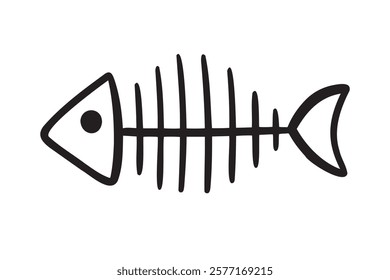 Fish skeleton bones silhouette doodle hand drawn icon. Outline drawing fish skeleton bones line clipart symbol. Vector illustration