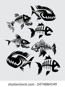 pescado esqueleto colección Vector Clip arte silueta bajo el agua vida marina etiqueta engomada camiseta diseño impresión arte patrón editable