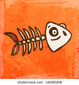 Fish Skeleton. Cute Hand Drawn Vector illustration, Vintage Paper Texture Background