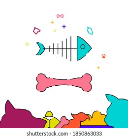 Fish skeleton and dog bone filled line vector icon, simple illustration, pets related bottom border.