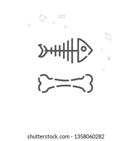 Fish Skeleton, Dog Bone Vector Line Icon. Pet Supplies Symbol, Pictogram, Sign. Light Abstract Geometric Background. Editable Stroke. Adjust Line Weight. Design with Pixel Perfection.