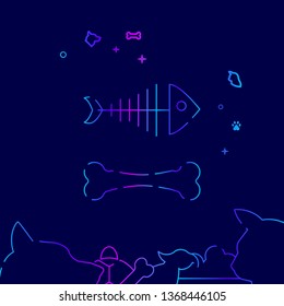 Fish Skeleton, Dog Bone Vector Line Illustration. Pet Gradient Icon, Symbol or Pictogram, Sign. Dark Blue Background. Related Bottom Border.
