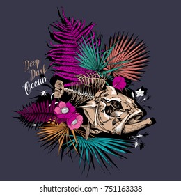Fish skeleton and Exotic leaves on a dark background. Vector illustration.