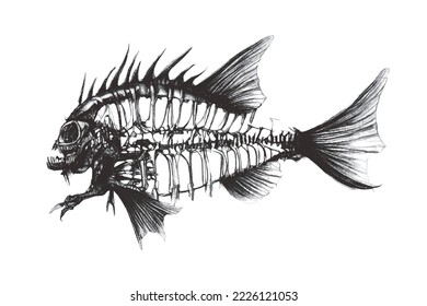 Fish skeleton. Fantastic Sea monster. Doodle sketch. Vector illustration. Isolated on white background.