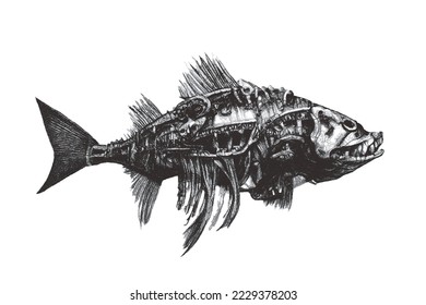 Fish skeleton. Fantastic Sea monster. Doodle sketch. Vector illustration. Isolated on white background.