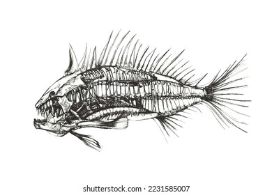Fish skeleton. Fantastic Sea monster. Doodle sketch. Vector illustration. Isolated on white background.