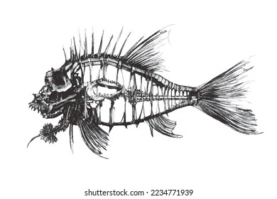 Fish skeleton. Fantastic Sea monster. Doodle sketch. Vector illustration. Isolated on white background.