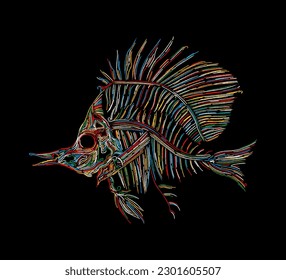 Fish skeleton graphic in colors, vector icon over black