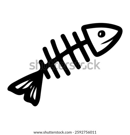 Fish skeleton. Hand drawn doodle. Animal remains. Bones, head, tail. Organic waste. Vector line art illustration.