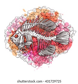 Fish Skeleton. Hand Drawn Sketch Style. Fish On The Flowers Floral Background With Watercolor Blots. Fashion Print And Hipster Poster