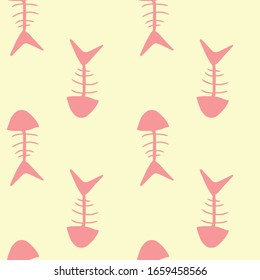 Fish skeleton. Hand-drawn children's design. Seamless pink background. Stock vector illustration