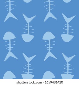 Fish skeleton. Hand-drawn children's design. Seamless blue background. Stock vector illustration .holiday