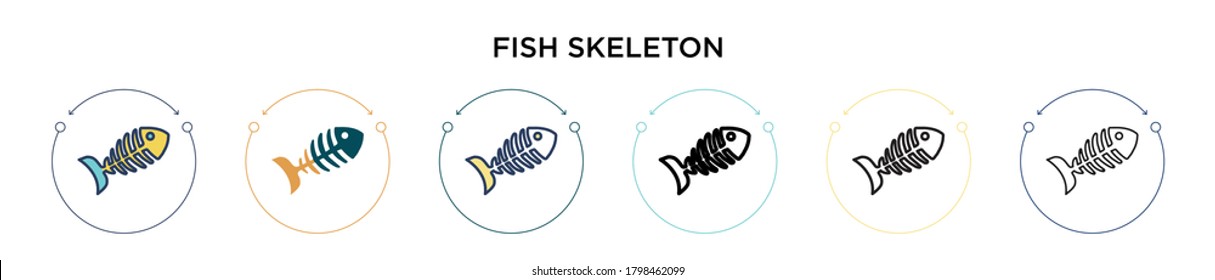 Fish skeleton icon in filled, thin line, outline and stroke style. Vector illustration of two colored and black fish skeleton vector icons designs can be used for mobile, ui, web