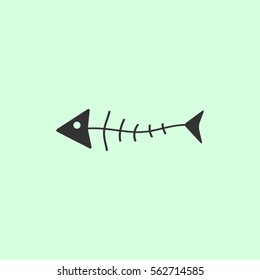 Fish skeleton icon flat. Grey vector symbol on green background