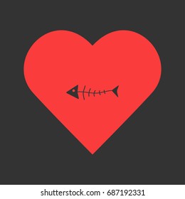 Fish skeleton icon flat. Simple pictogram on heart background. Vector illustration symbol