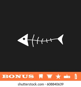 Fish skeleton icon flat. White pictogram on black background. Vector illustration symbol and bonus button tooth, vase, star, mirror, bottle