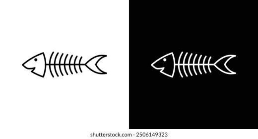 Fish skeleton icon set in black and white stroke.