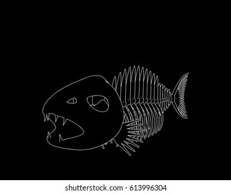 Fish skeleton. Isolated on black background. Vector outline illustration.