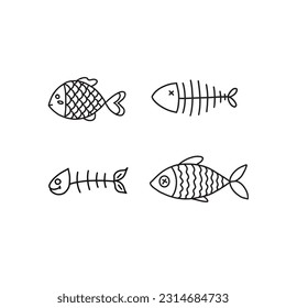 Icono de línea de esqueleto de pescado en fondo blanco