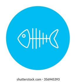 Fish skeleton line icon for web, mobile and infographics. Vector white icon on the light blue circle isolated on white background.