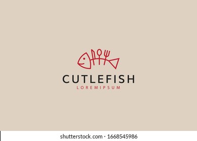 fish skeleton logo. fish bone cutlery line design. Vector line art icon template