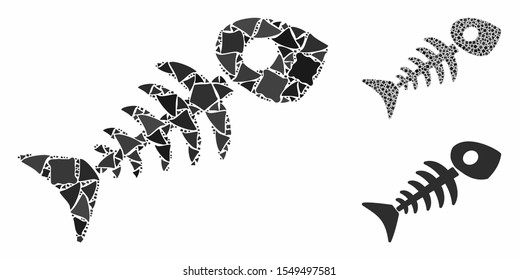 Fish skeleton mosaic of humpy pieces in various sizes and color tones, based on fish skeleton icon. Vector raggy pieces are composed into collage. Fish skeleton icons collage with dotted pattern.